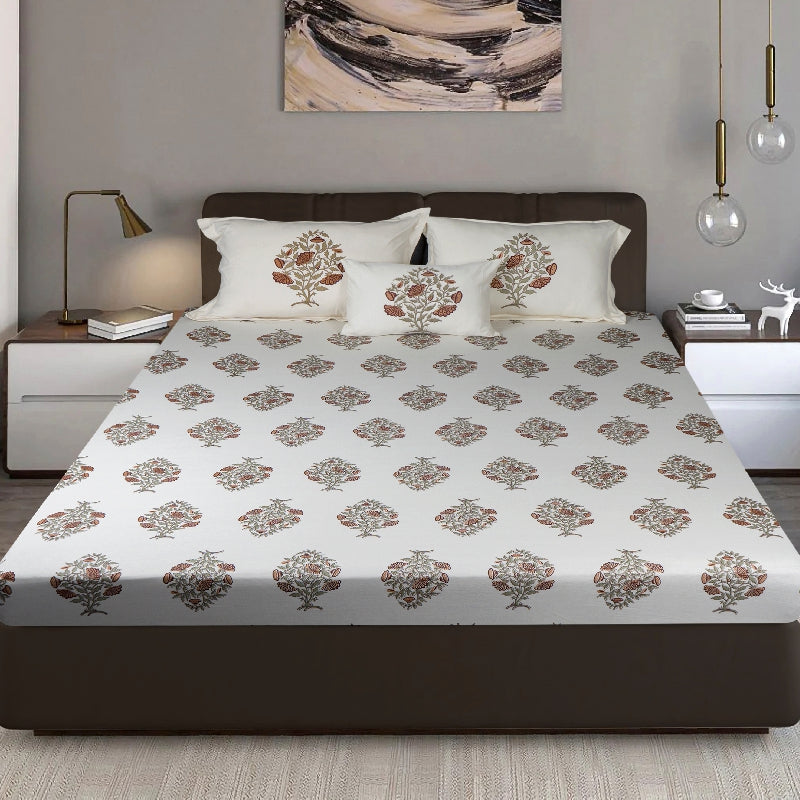 Bodycomfy 100% Cotton Hosiery King Size Fitted Bedsheet – Handblock Floral Allover Print