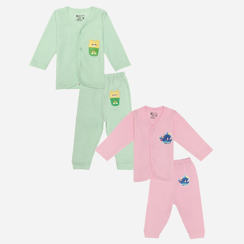 Bodycare Baby Pajami Suit Front Open Full Sleeves Solid Green Soft & Pink Baby