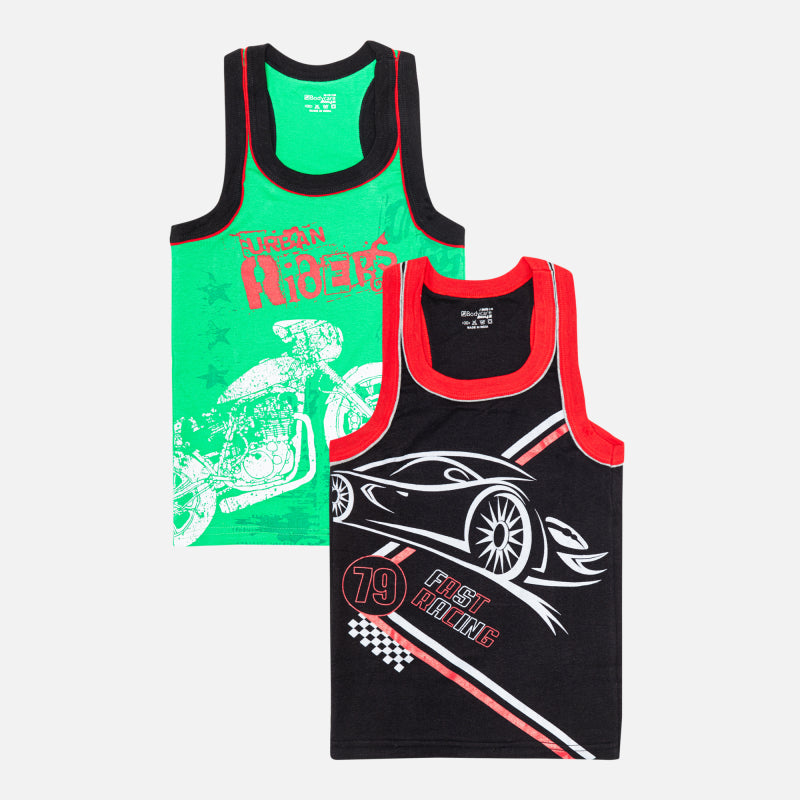 BODYCARE Boy's Kids Regular Fit Vest, 100% Cotton,  Skin Friendly, Lightweight, Sleeveless Designs, Pack of 3 Print (Color & Print May Vary) Black & Green