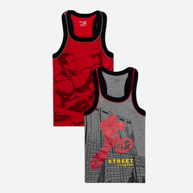 BODYCARE Boy's Kids Regular Fit Vest, 100% Cotton,  Skin Friendly, Lightweight, Sleeveless Designs, Pack of 3 Print (Color & Print May Vary) Red & Grey