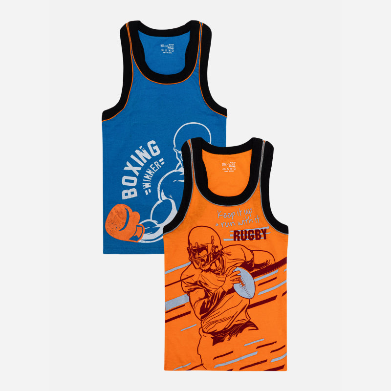 BODYCARE Boy's Kids Regular Fit Vest, 100% Cotton,  Skin Friendly, Lightweight, Sleeveless Designs, Pack of 3 Print (Color & Print May Vary) Orange & Blue