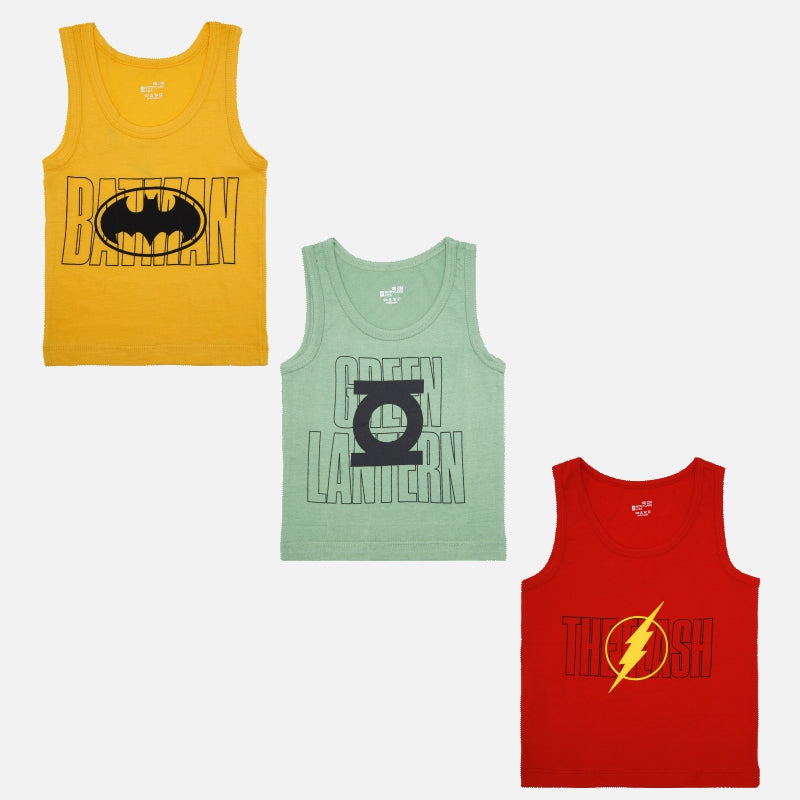 Bodycare Justice League Boys Vest Round Neck Sleeveless Solid Pack Of 3 - Assorted