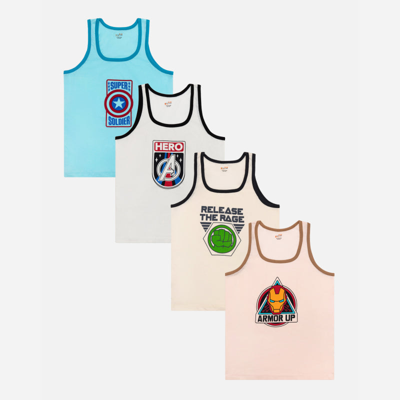 Bodycare Avengers Boys Vest | regular Fit |Round Neck| Sleeveless Solid |100% Cotton |Assorted Pack Of 4