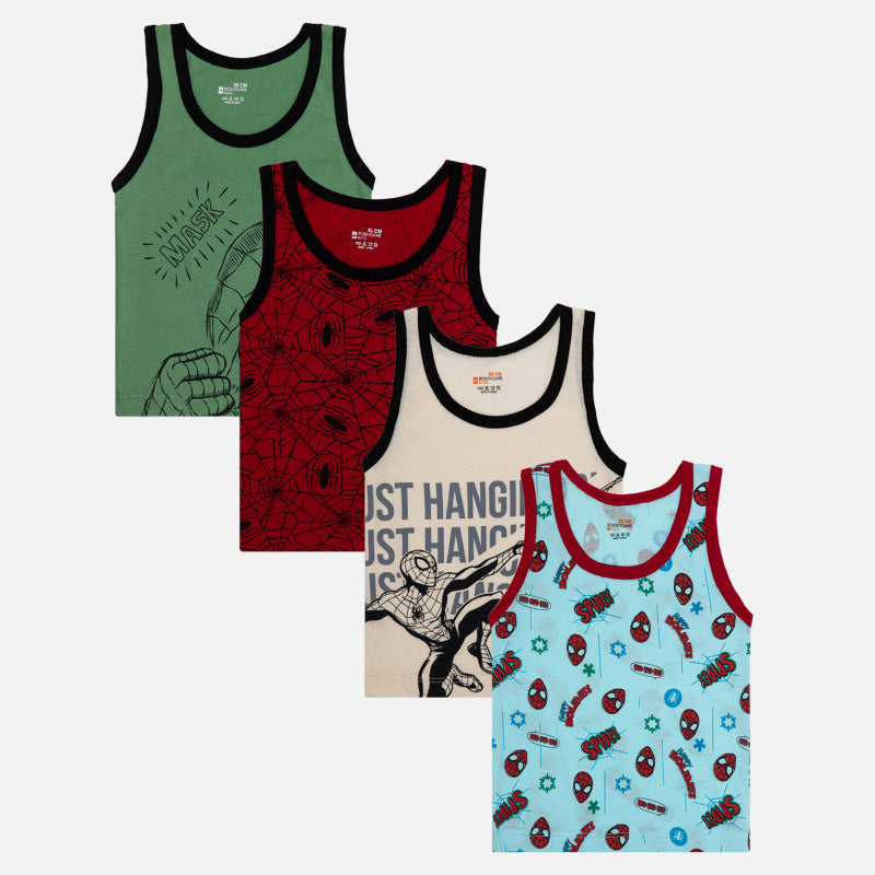 Bodycare Spiderman Boys Vest |Regular Fit |Round Neck |Sleeveless | 100% Cotton |Assorted Pack Of 4