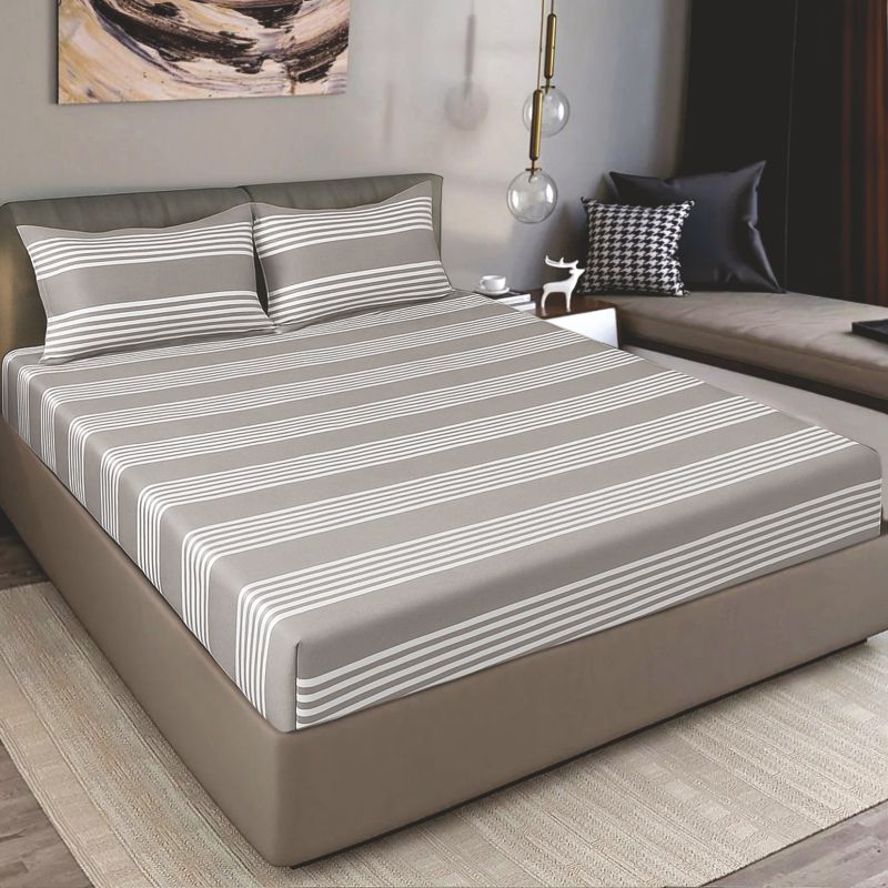 Bodycomfy 100% Cotton Hosiery King Size Fitted Bedsheet – Striped Design Grey