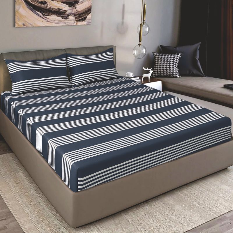 Bodycomfy 100% Cotton Hosiery King Size Fitted Bedsheet – Striped Design Navy