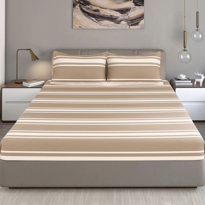 Bodycomfy 100% Cotton Hosiery King Size Fitted Bedsheet – Striped Design Beige