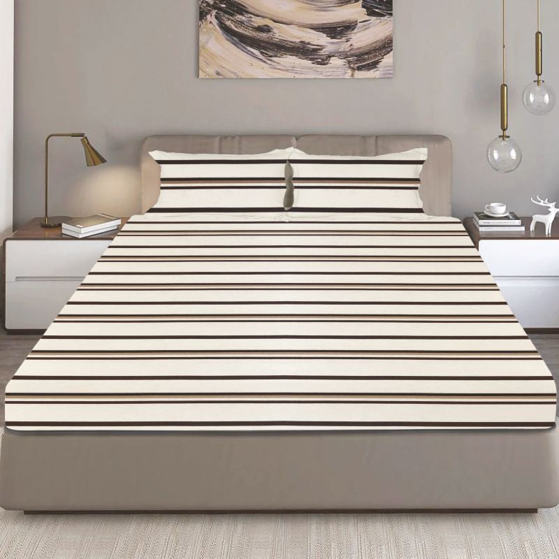 Bodycomfy 100% Cotton Hosiery King Size Fitted Bedsheet – Striped Design Off White
